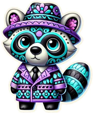 Purple and turquoise patterned raccoon in a matching suit and hat