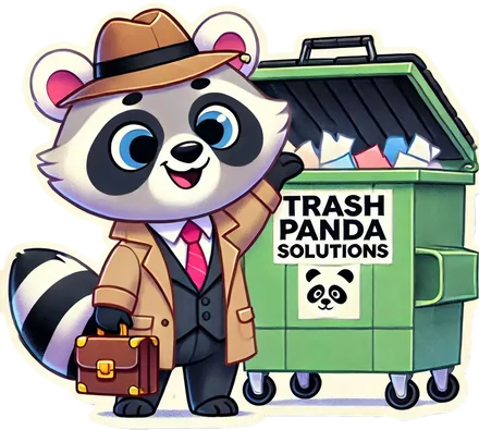 Cheerful raccoon in a trench coat with a briefcase beside a green Trash Panda Solutions dumpster