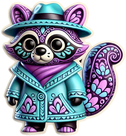 Turquoise and purple raccoon in a long coat, scarf and fedora