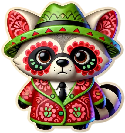 Raccoon with red and green flower patterns, a green hat and a red suit