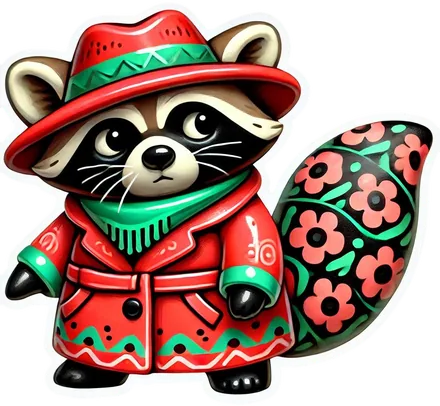 Raccoon in a red flowered coat and hat with a green scarf and a rose-patterned tail
