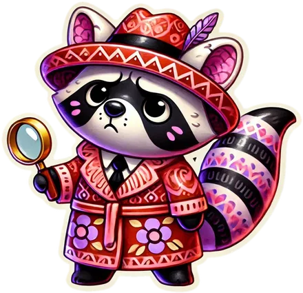 Pink and purple patterned raccoon in a red coat holding a magnifying glass